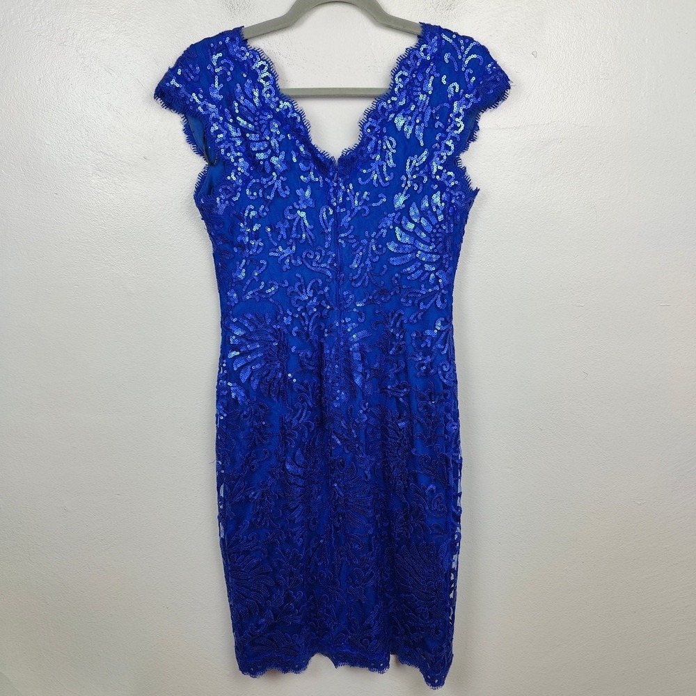 Tadashi Shoji Dress Womens 4 Royal Blue Sequin Lace V-Neck‎ Cap Sleeve Glam - Picture 5 of 9